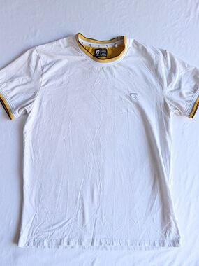 Fried Denim Men's M White Crew Neck Short Sleeve Knit T-Shirt Logo Yellow Trim